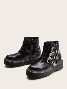 Studded & Buckle Decor Lug Sole Boots - Black - View 2