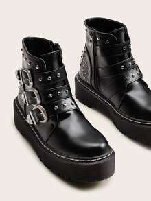 Studded & Buckle Decor Lug Sole Boots - Black - View 3