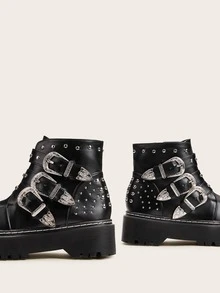 Studded & Buckle Decor Lug Sole Boots - Black - View 4