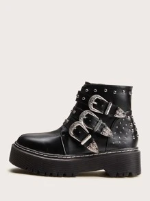 Studded & Buckle Decor Lug Sole Boots - Black - View 1
