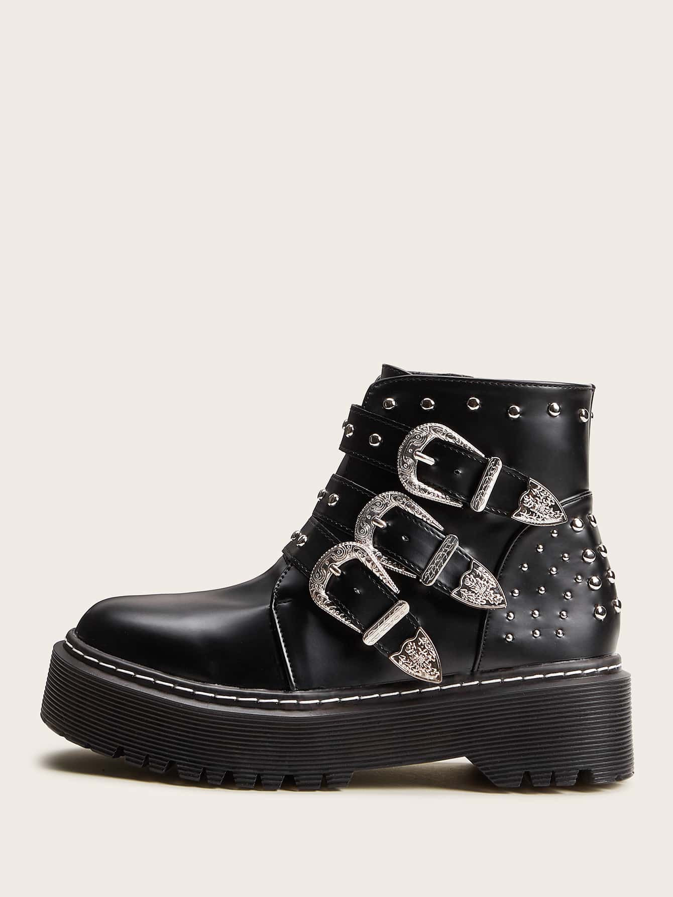 Studded & Buckle Decor Lug Sole Boots - Black - View 1