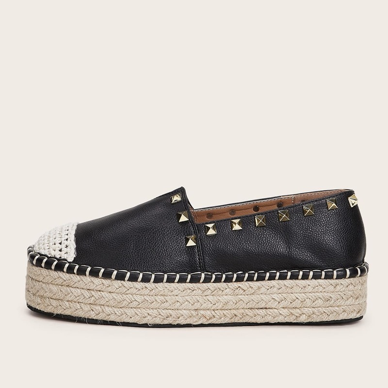 

Cap Toe Studded Decor Espadrille Wedges, Black
