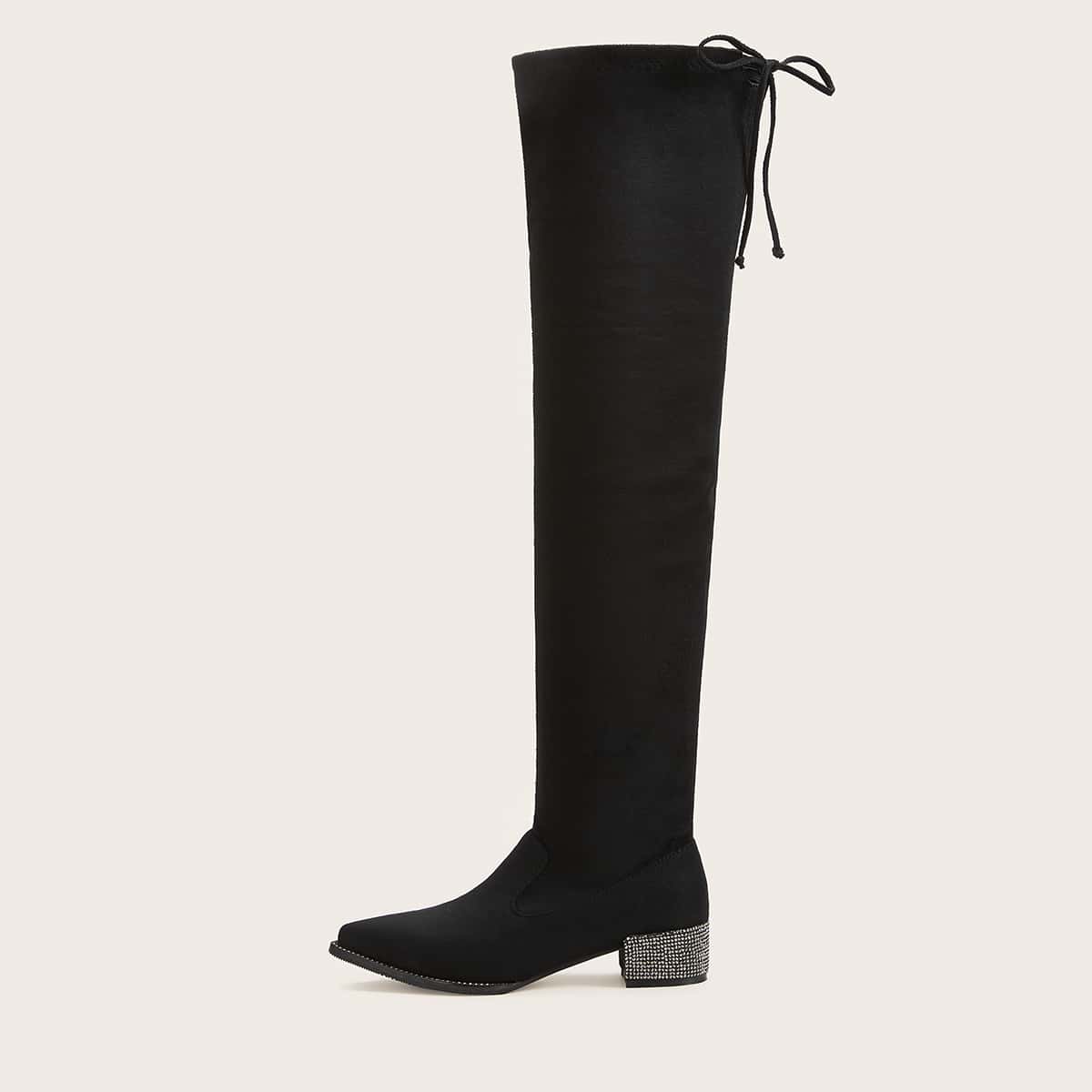 

Tie Back Rhinestone Decor Chunky Boots, Black