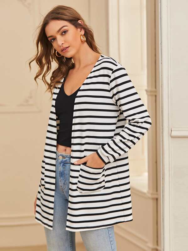 

Striped Open Front Pocket Coat, Black and white, Luiza