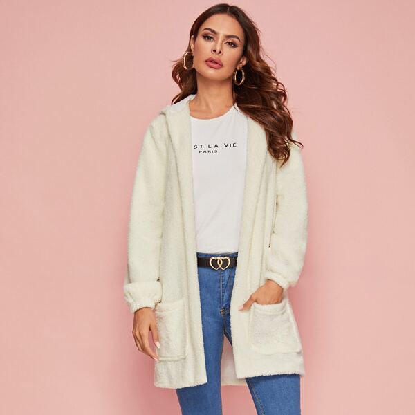

Double Pocket Hooded Teddy Coat, Beige pastel