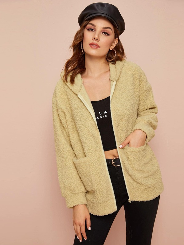 

Zip Up Double Pocket Teddy Hoodie Coat, Khaki, Vlada