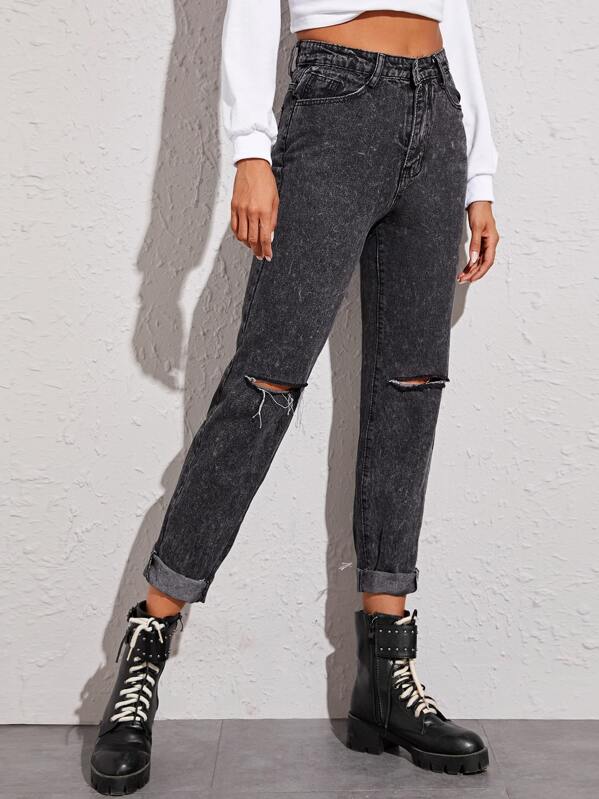 

Dark Wash Ripped Tapered Jeans, Black, Andy