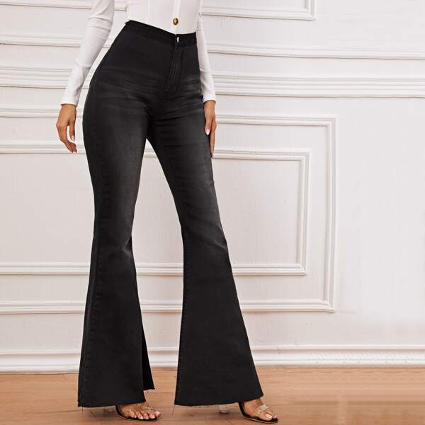 

Dark Wash Raw Hem Flare Leg Jeans, Black