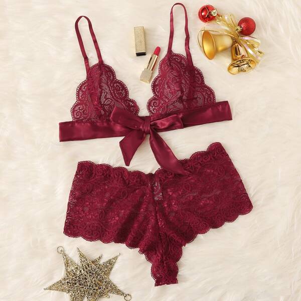 

Floral Lace Lingerie Set, Burgundy