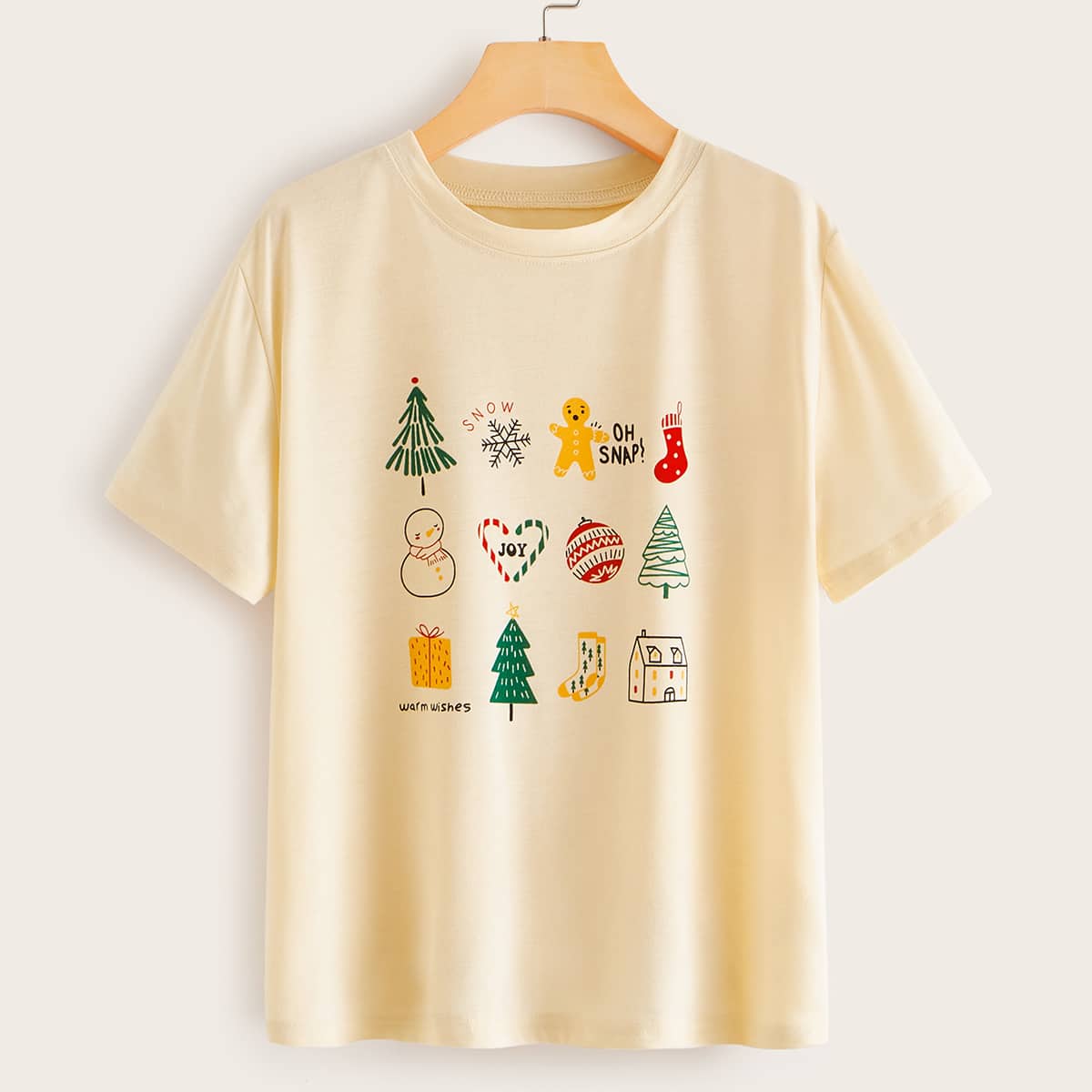 

Christmas Print Short Sleeve Tee, Beige