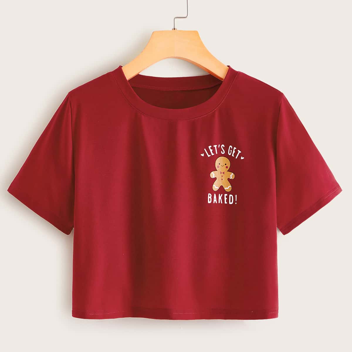 

Christmas Gingerbread Man Print Crop Tee, Burgundy