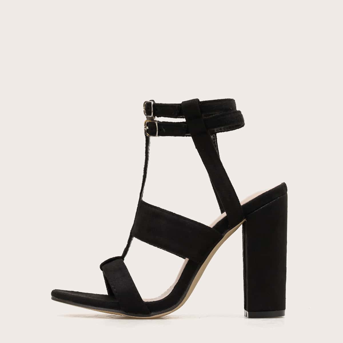 

Open Toe Ankle Strap Chunky Heels, Black