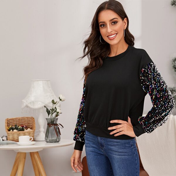 

Contrast Sequin Drop Shoulder Sweatshirt, Black