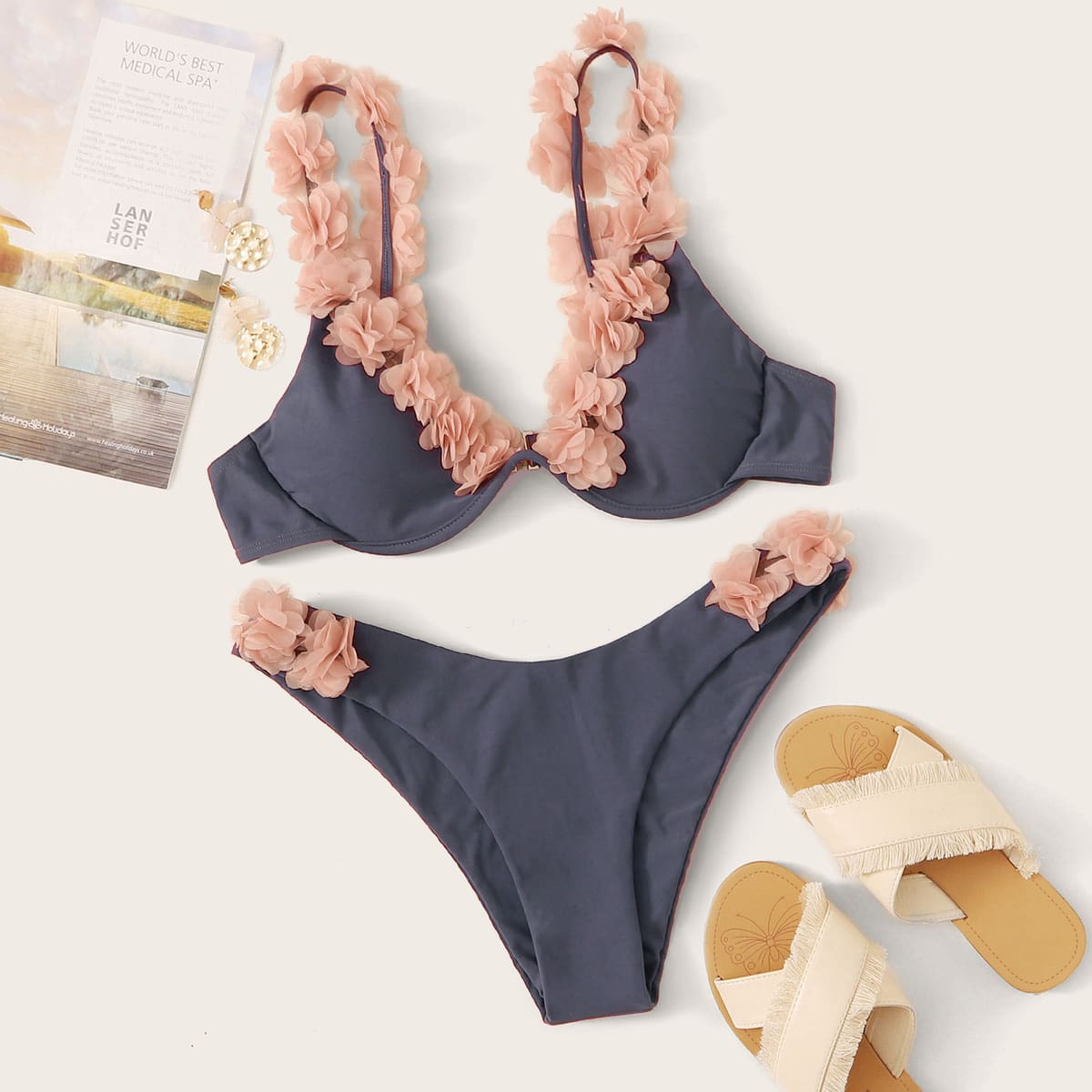 

Flower Appliques High Cut Bikini Swimsuit, Dusty blue