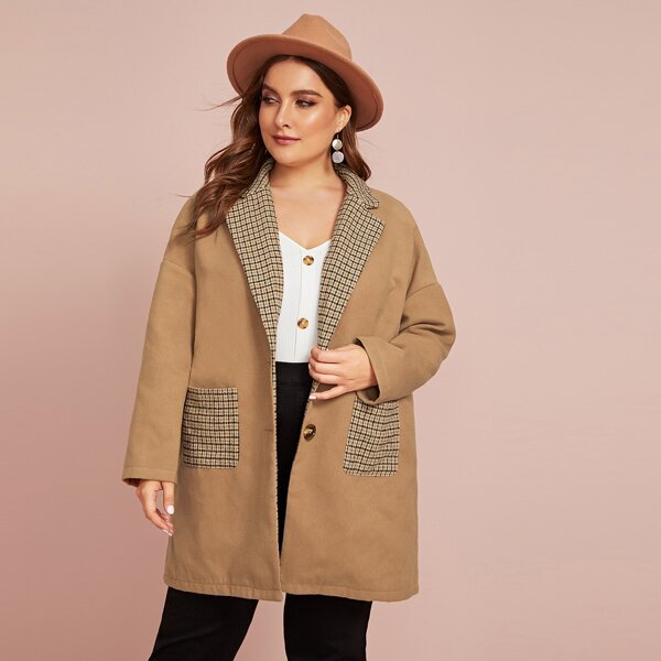 

Plus Plaid Pocket Front Notch Collar Single Breasted Coat, Camel