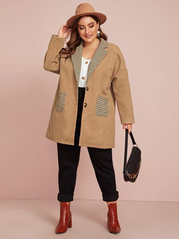 

Plus Plaid Pocket Front Notch Collar Single Breasted Coat, Camel, Franziska