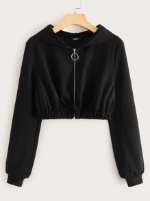 Muchica Solid Crop O-ring Zip Up Hoodie - Black - View 1