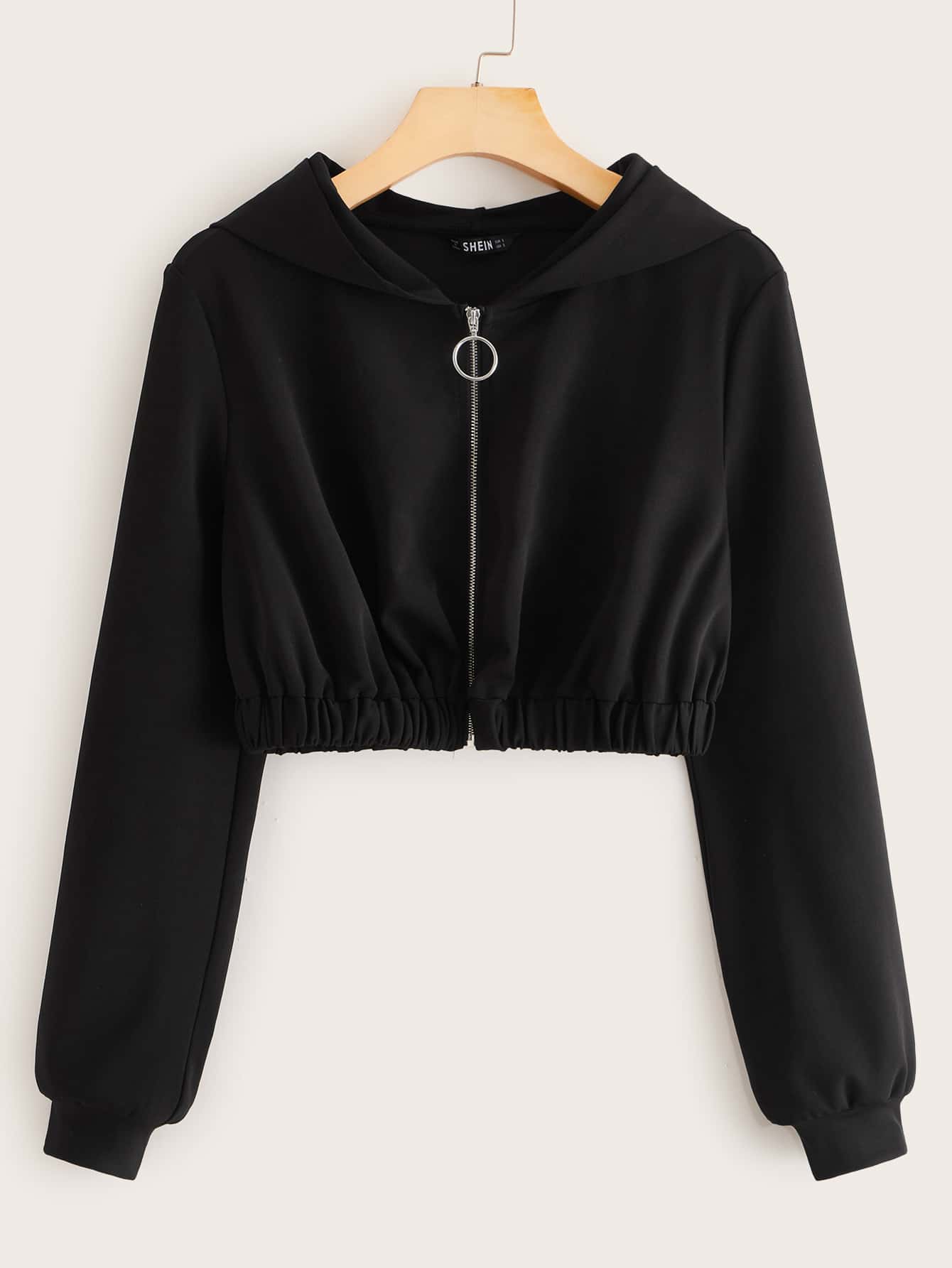 Muchica Solid Crop O-ring Zip Up Hoodie - Black - View 1