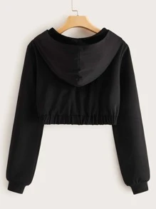 Muchica Solid Crop O-ring Zip Up Hoodie - Black - View 2