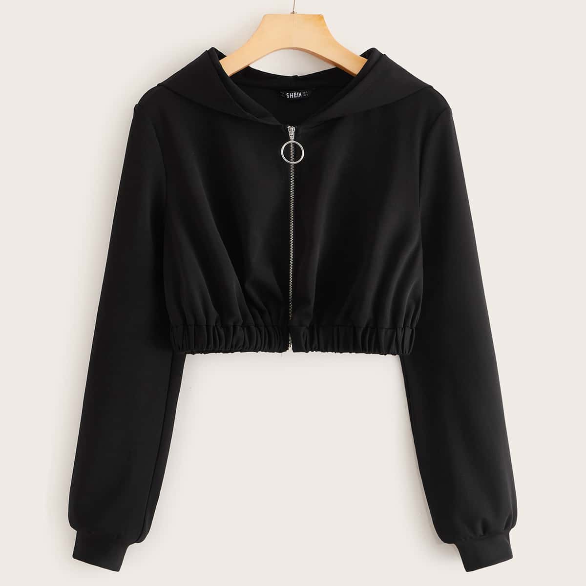 

Solid Crop O-ring Zip Up Hoodie, Black