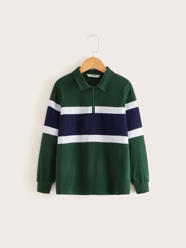 

Boys Zip Half Placket Colorblock Polo Shirt, Green