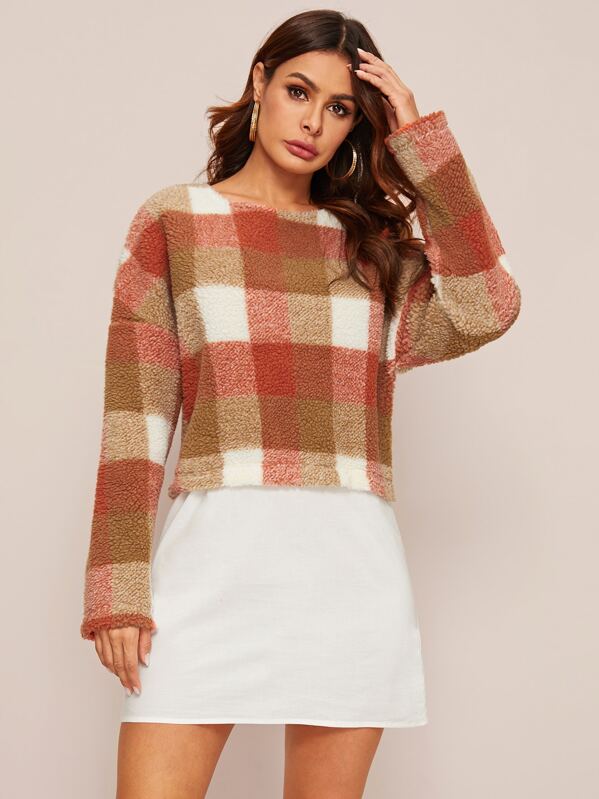 

Drop Shoulder 2 In 1 Plaid Teddy Dress, Multicolor, Andy