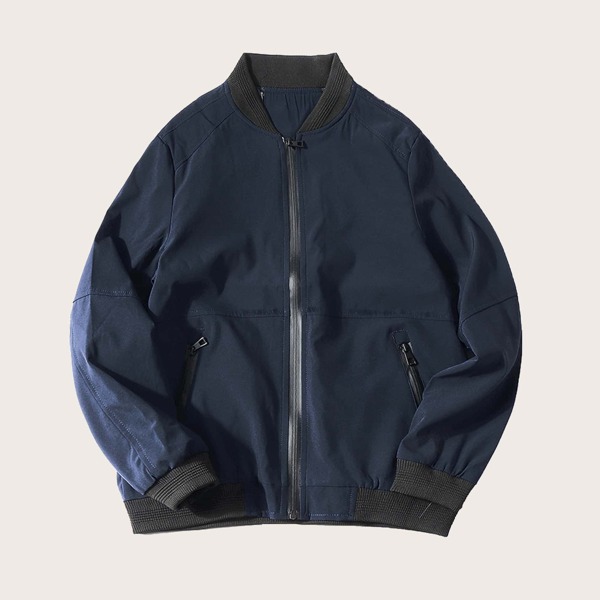

Men Zipper Contrast Trim Bomber Jacket, Navy blue