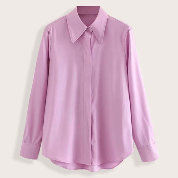 

Solid Covered Placket Curve Hem Blouse, Purple