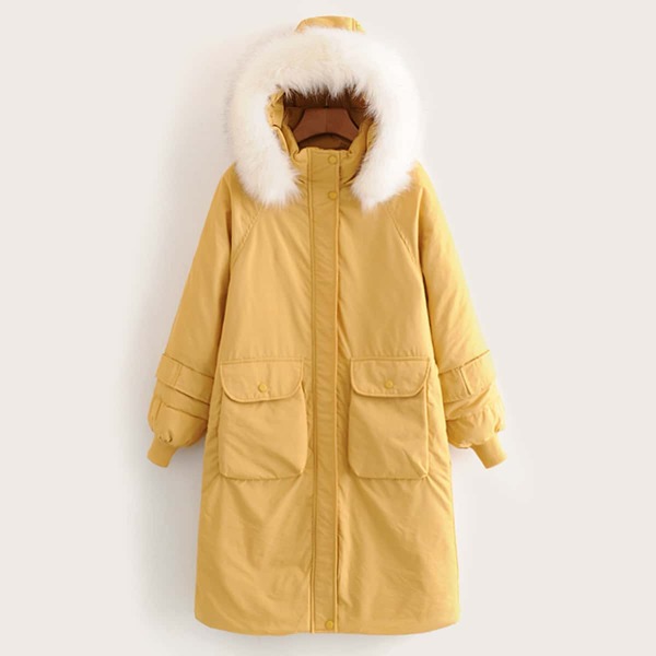 

Contrast Faux Fur Hooded Longline Parka Coat, Yellow