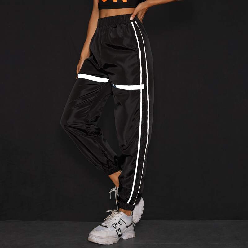 

Reflective Contrast Panel Elastic Waist Sweatpants, Black
