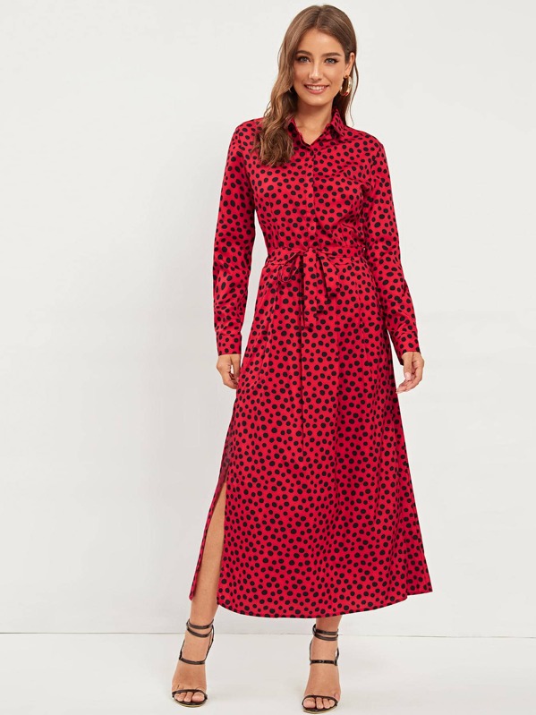 

Split Thigh Self Tie Polka Dot Shirt Dress, Red, Debi