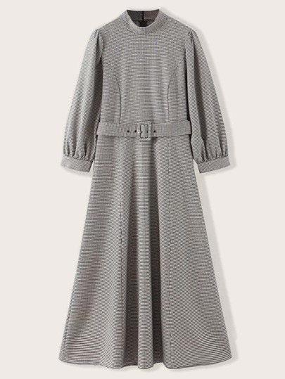 Stand Collar Self Belt Houndstooth Shirt Dress