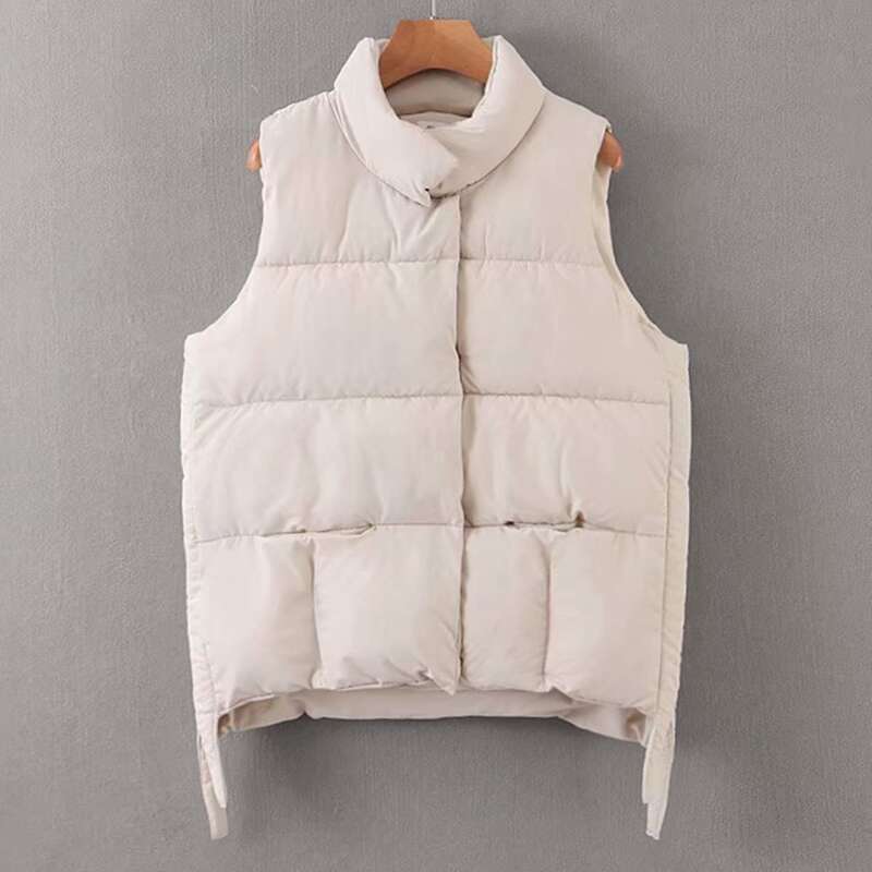 

Covered Placket Solid Puffer Gilet, Beige
