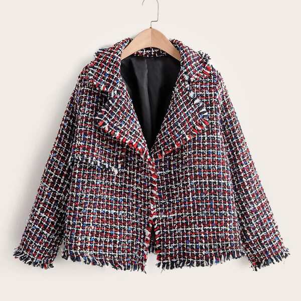 

Lapel Collar Raw Trim Plaid Tweed Jacket, Multicolor