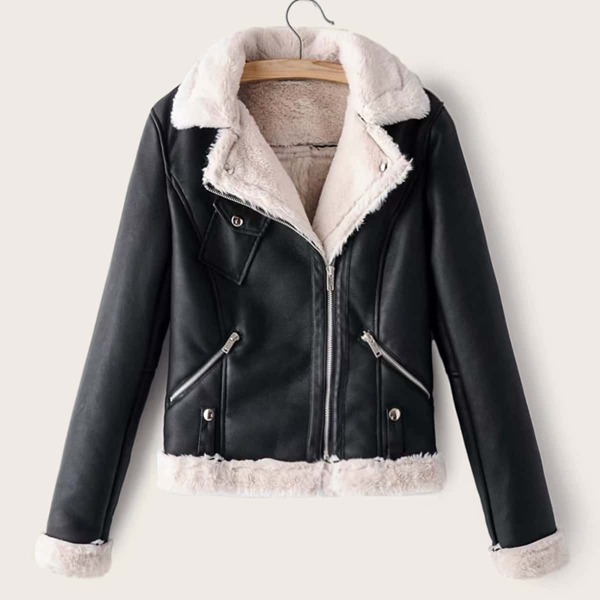 

Contrast Faux Fur Lined PU Leather Biker Jacket
