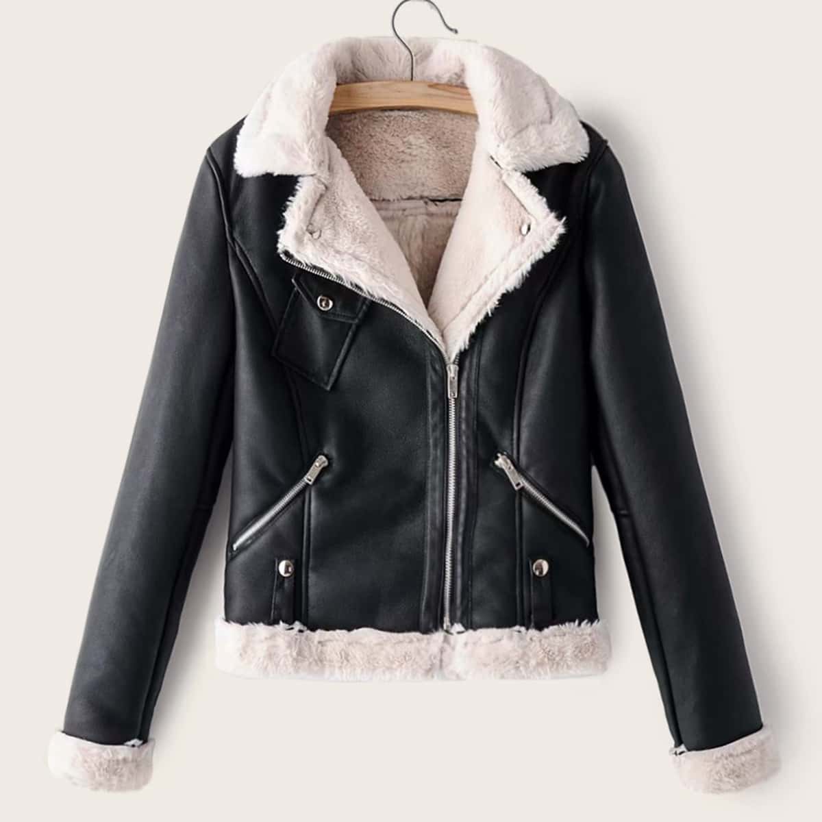 

Contrast Faux Fur Lined PU Leather Biker Jacket, Black