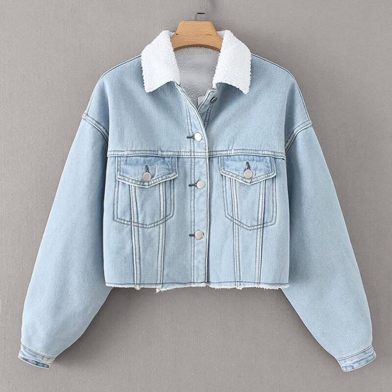 

Contrast Collar Button Up Crop Denim Jacket, Blue pastel