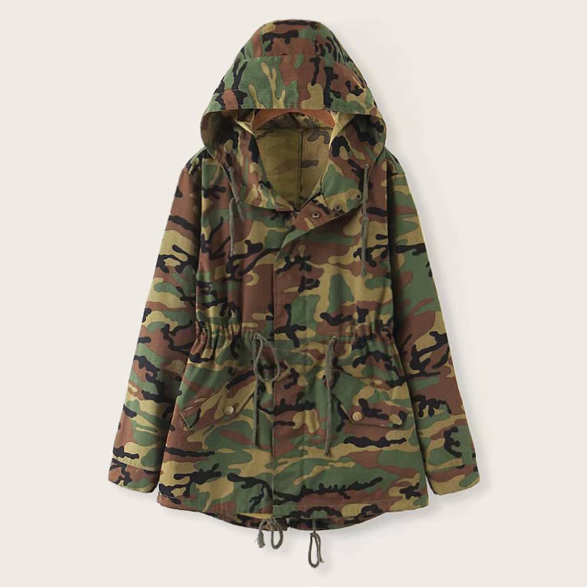 

Zip Up Drawstring Detail Hooded Camo Coat, Multicolor