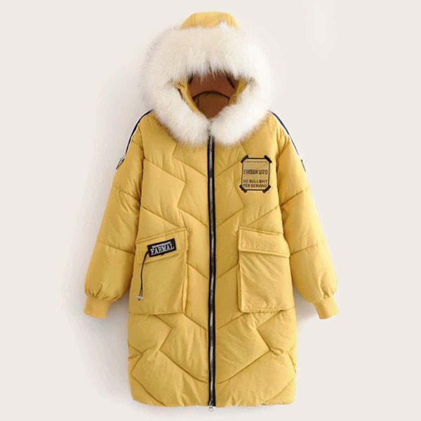 

Letter Patched Contrast Faux Fur Hooded Parka Coat, Yellow
