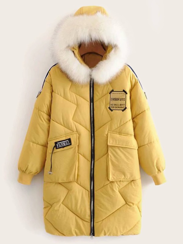 

Letter Patched Contrast Faux Fur Hooded Parka Coat, Yellow