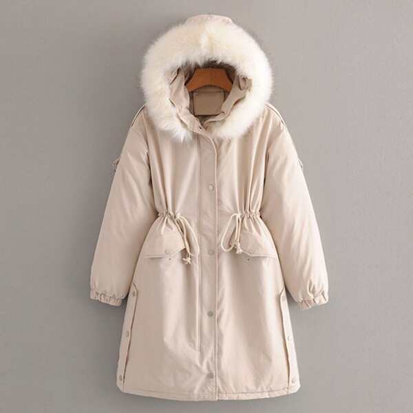 

Contrast Faux Fur Drawstring Waist Parka Coat, Beige