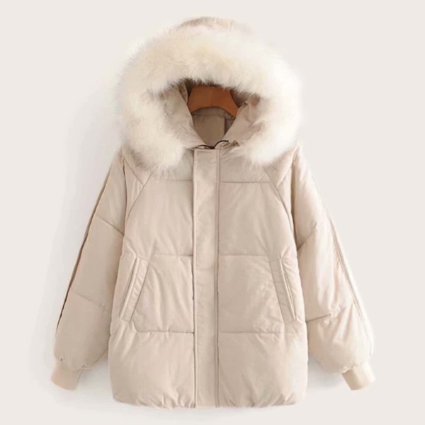 

Contrast Faux Fur Hooded Puffer Coat, Beige