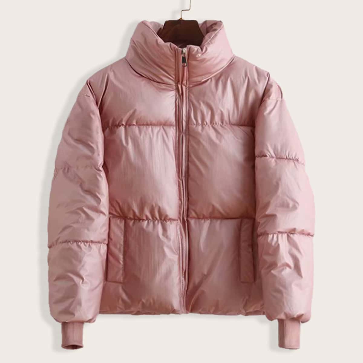 

Funnel Neck Zip Front Puffer Coat, Pink