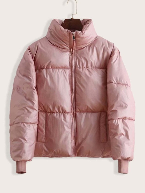 

Funnel Neck Zip Front Puffer Coat, Pink