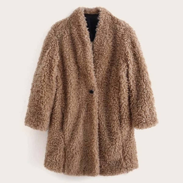 

Single Button Pocket Side Teddy Coat, Brown