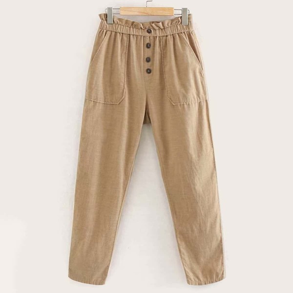 

Button Front Paper Bag Waist Tailored Pants, Khaki