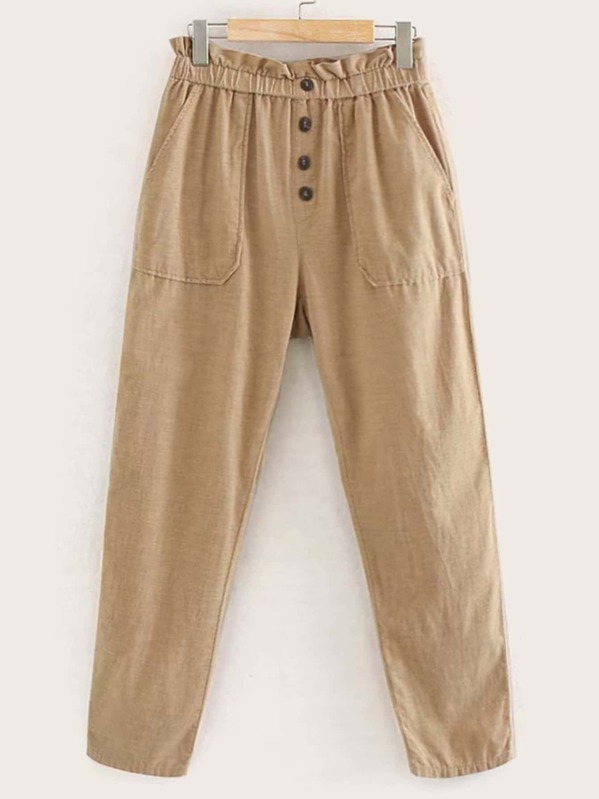 

Button Front Paper Bag Waist Tailored Pants, Khaki