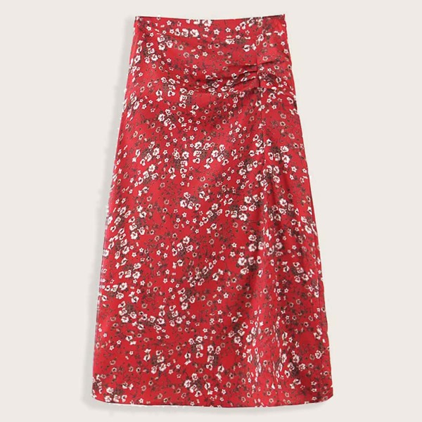 

Ditsy Floral Ruched A-line Skirt, Red