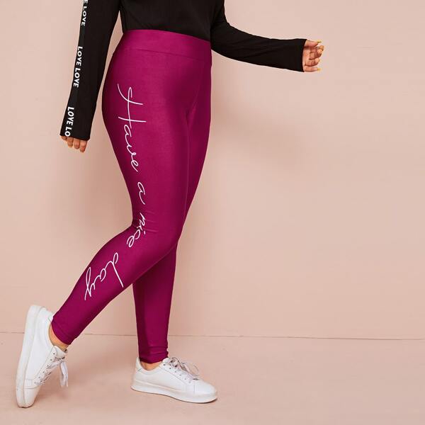 

Plus Slogan Graphic Wide Band Waist Leggings, Purple