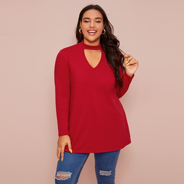 

Plus Solid Choker Neck Longline Tee, Red bright
